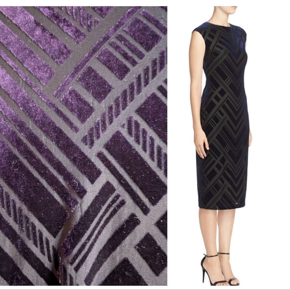 Vince Camuto Burnout Velvet Art Deco Deep Purple Sheath Midi Dress Size 10